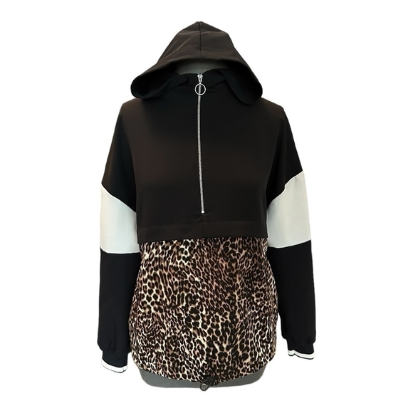 Women’s Hoodie Black White Animal Colorblock Jumper Hooded Sweater Cardigan Top - Picture 6 of 11
